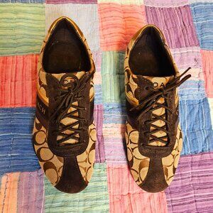 Coach Jayme Monogram Lace up Shoes size 7.5, Tan and Gold